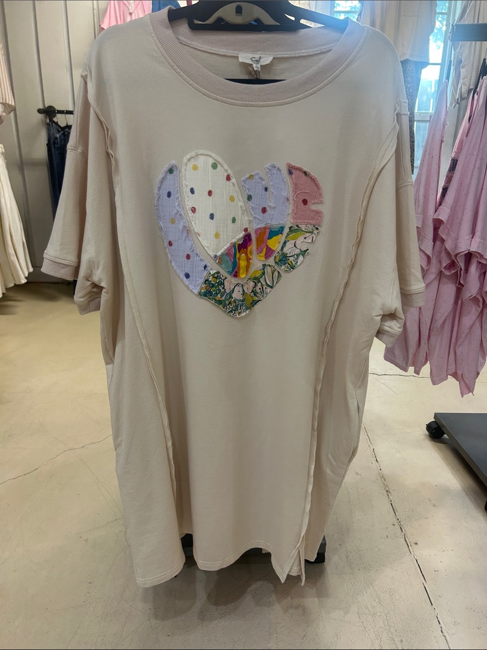 easel Cream Oversized T shirt DRESS with Patchwork Heart